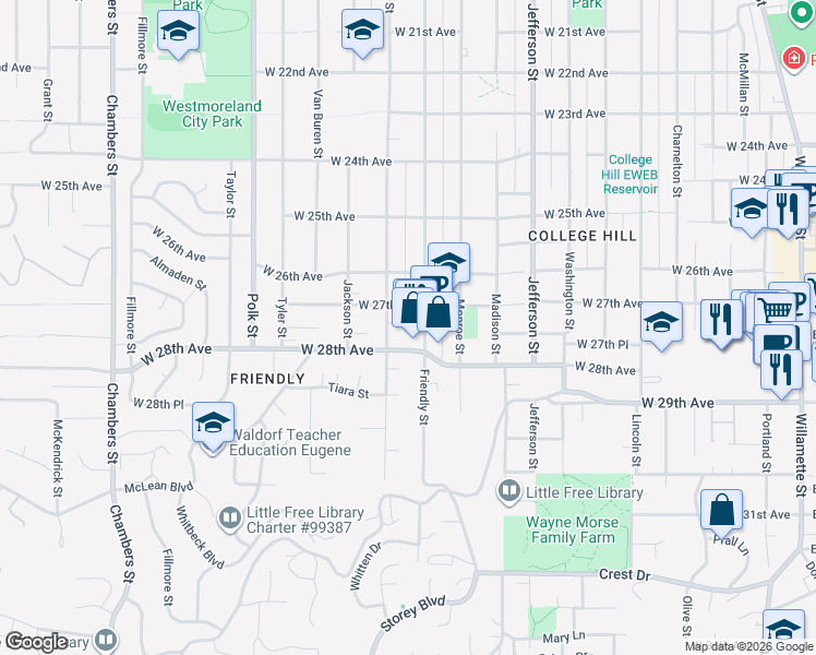 map of restaurants, bars, coffee shops, grocery stores, and more near 2764 Friendly Alley in Eugene