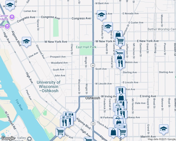 map of restaurants, bars, coffee shops, grocery stores, and more near 851 Wright Street in Oshkosh