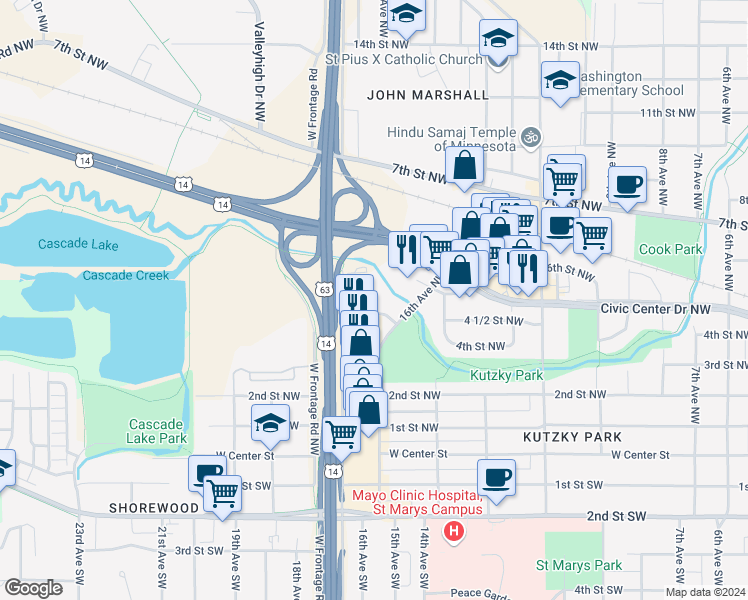 map of restaurants, bars, coffee shops, grocery stores, and more near 401 16th Avenue Northwest in Rochester