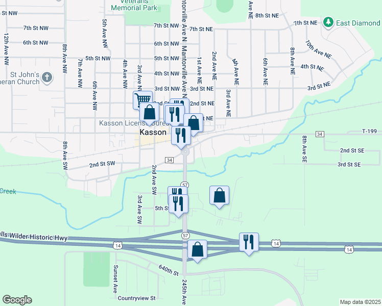 map of restaurants, bars, coffee shops, grocery stores, and more near 104 Mantorville Avenue South in Kasson