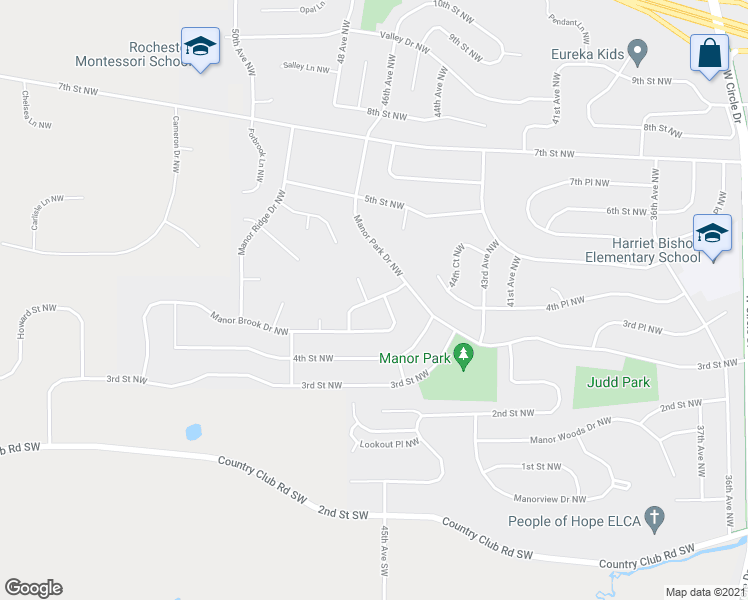 map of restaurants, bars, coffee shops, grocery stores, and more near 4432 Manorwoods Place Northwest in Rochester