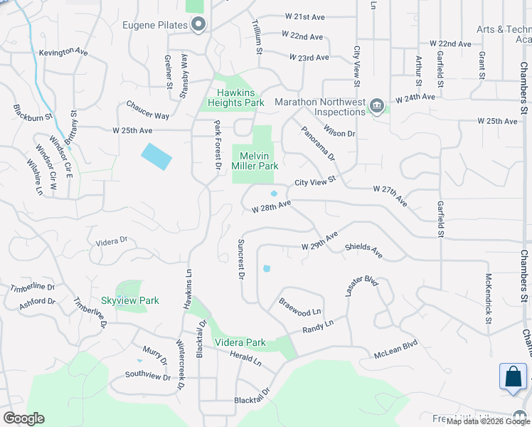 map of restaurants, bars, coffee shops, grocery stores, and more near 2572 West 28th Avenue in Eugene