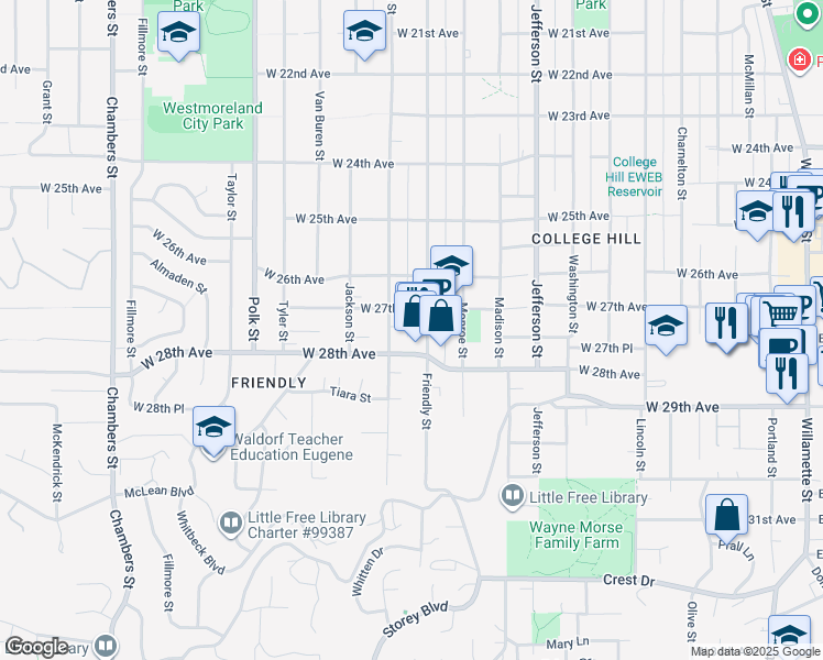 map of restaurants, bars, coffee shops, grocery stores, and more near 2764 Friendly Alley in Eugene