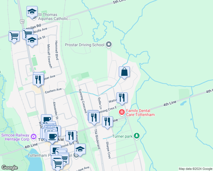 map of restaurants, bars, coffee shops, grocery stores, and more near 57 Jackson Drive in New Tecumseth