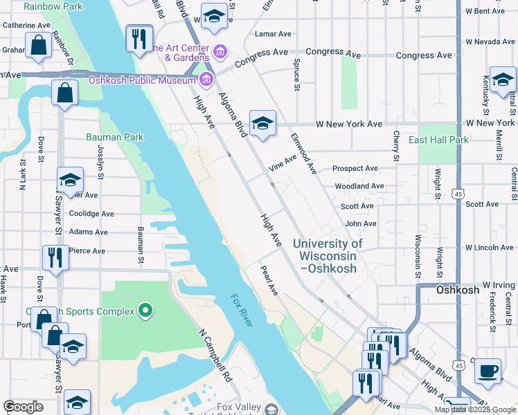 map of restaurants, bars, coffee shops, grocery stores, and more near 1157 High Avenue in Oshkosh