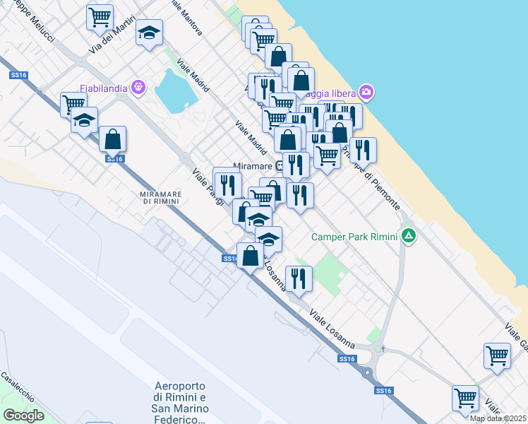 map of restaurants, bars, coffee shops, grocery stores, and more near 9 Viale Berna in Rimini