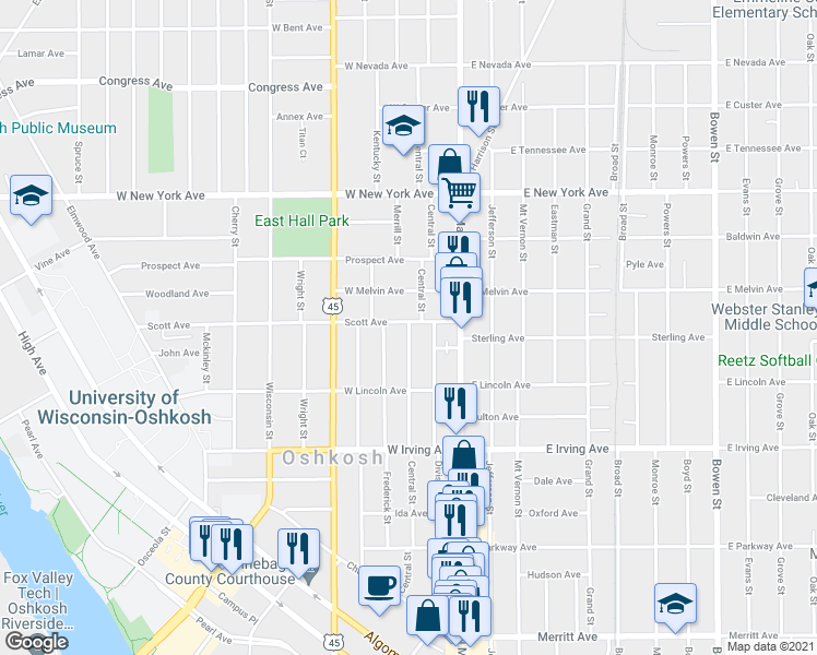 map of restaurants, bars, coffee shops, grocery stores, and more near 865 Central Street in Oshkosh