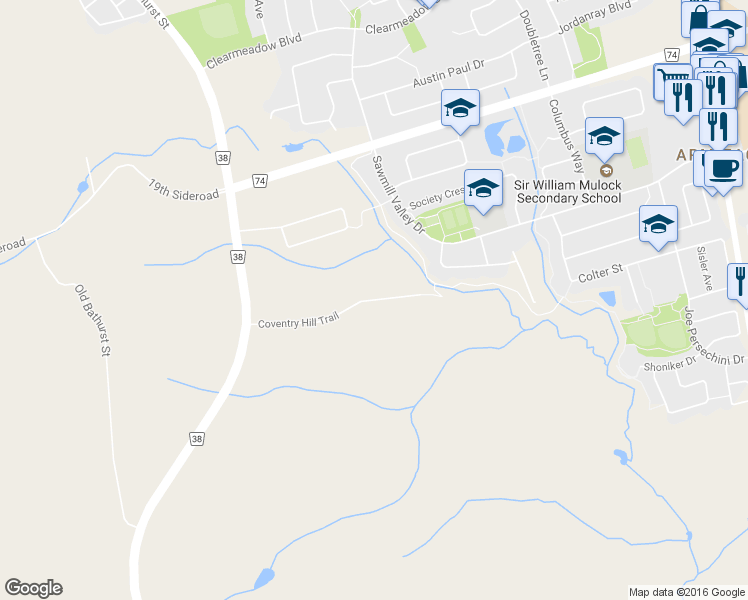 map of restaurants, bars, coffee shops, grocery stores, and more near 400 Coventry Hill Trail in Newmarket
