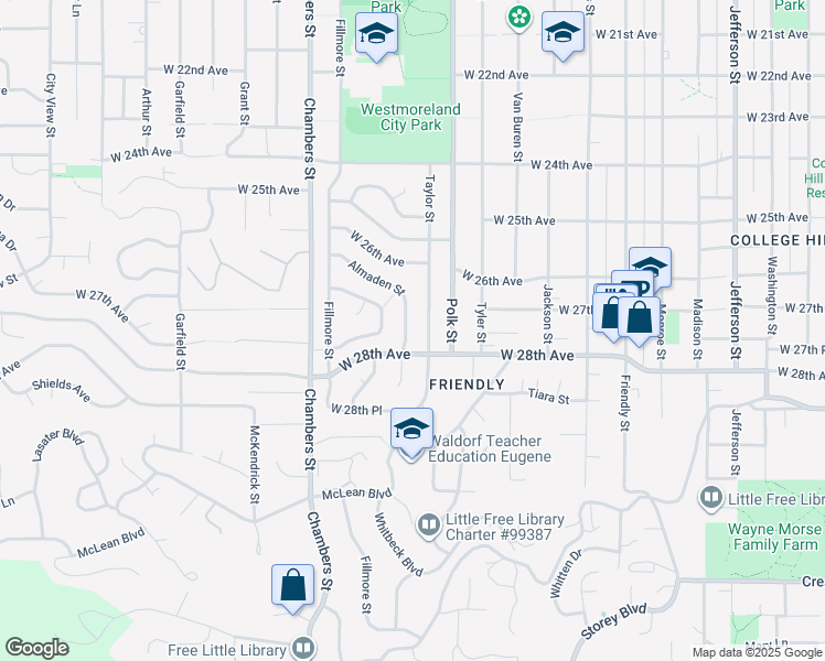 map of restaurants, bars, coffee shops, grocery stores, and more near 2765 Almaden Street in Eugene