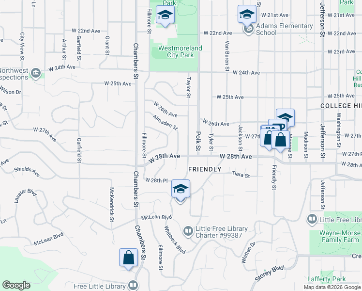 map of restaurants, bars, coffee shops, grocery stores, and more near 2765 Almaden Street in Eugene