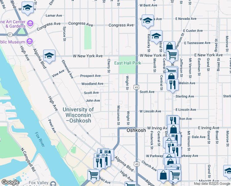 map of restaurants, bars, coffee shops, grocery stores, and more near 850 Wisconsin Street in Oshkosh