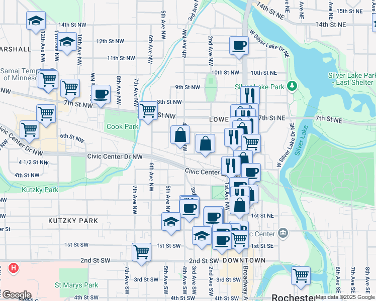 map of restaurants, bars, coffee shops, grocery stores, and more near 236 5th Street Northwest in Rochester