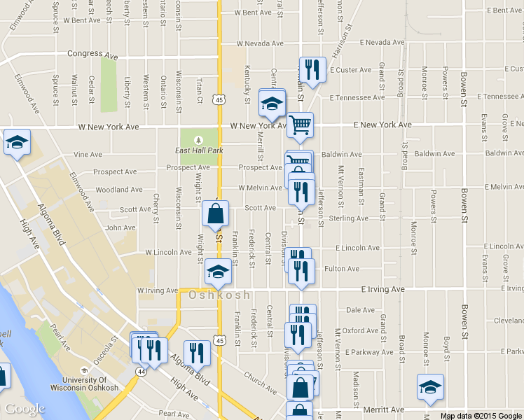 map of restaurants, bars, coffee shops, grocery stores, and more near 215 Scott Avenue in Oshkosh