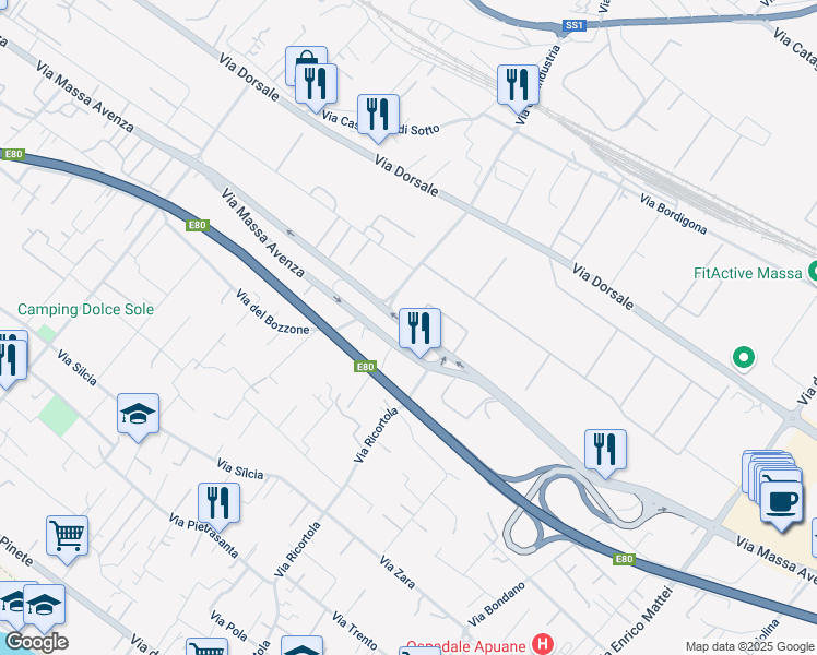 map of restaurants, bars, coffee shops, grocery stores, and more near 131-165 Via Massa Avenza in Massa