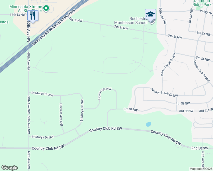 map of restaurants, bars, coffee shops, grocery stores, and more near 5411 Howard Street Northwest in Rochester