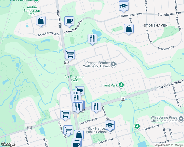 map of restaurants, bars, coffee shops, grocery stores, and more near 592 Lyman Boulevard in Newmarket