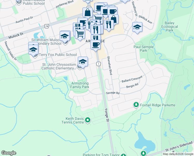 map of restaurants, bars, coffee shops, grocery stores, and more near 192 Burgess Crescent in Newmarket
