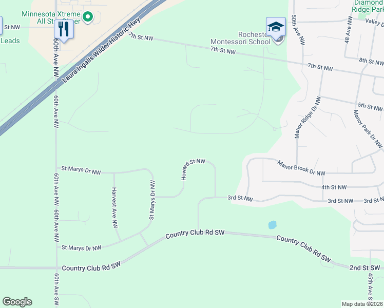 map of restaurants, bars, coffee shops, grocery stores, and more near 5411 Howard Street Northwest in Rochester