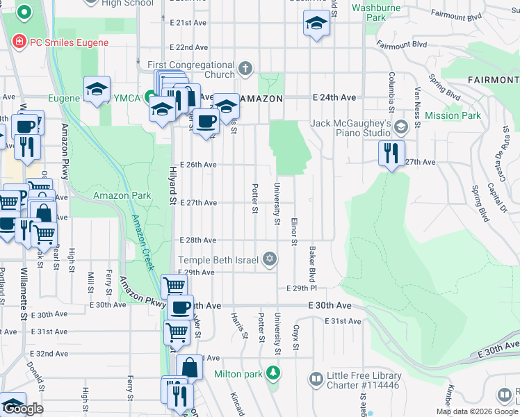 map of restaurants, bars, coffee shops, grocery stores, and more near 2715 Potter Street in Eugene