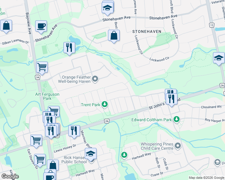 map of restaurants, bars, coffee shops, grocery stores, and more near 38 Crockart Lane in Newmarket