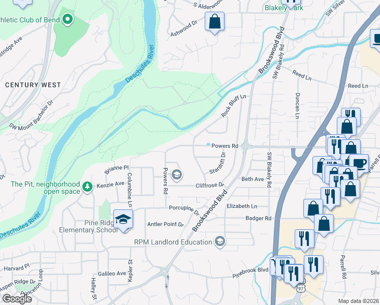 map of restaurants, bars, coffee shops, grocery stores, and more near 61363 Rock Bluff Lane in Bend