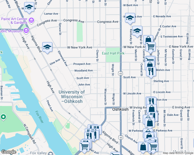 map of restaurants, bars, coffee shops, grocery stores, and more near 700 Scott Avenue in Oshkosh