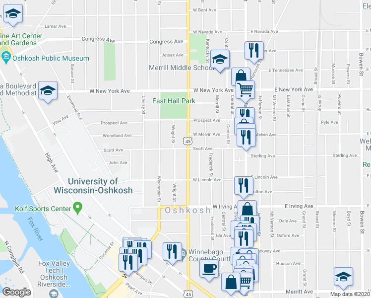 map of restaurants, bars, coffee shops, grocery stores, and more near 421 Scott Avenue in Oshkosh