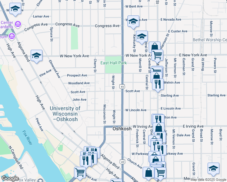 map of restaurants, bars, coffee shops, grocery stores, and more near 506 Scott Avenue in Oshkosh