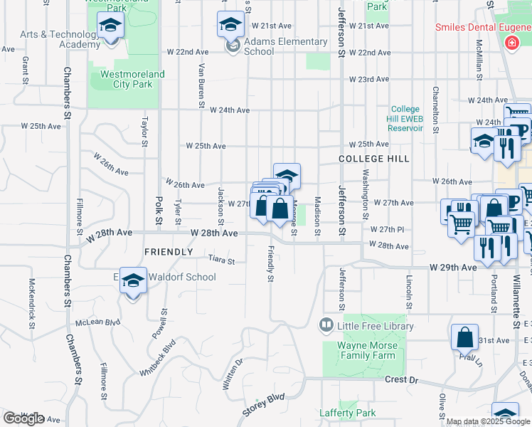 map of restaurants, bars, coffee shops, grocery stores, and more near 2724 Friendly Street in Eugene