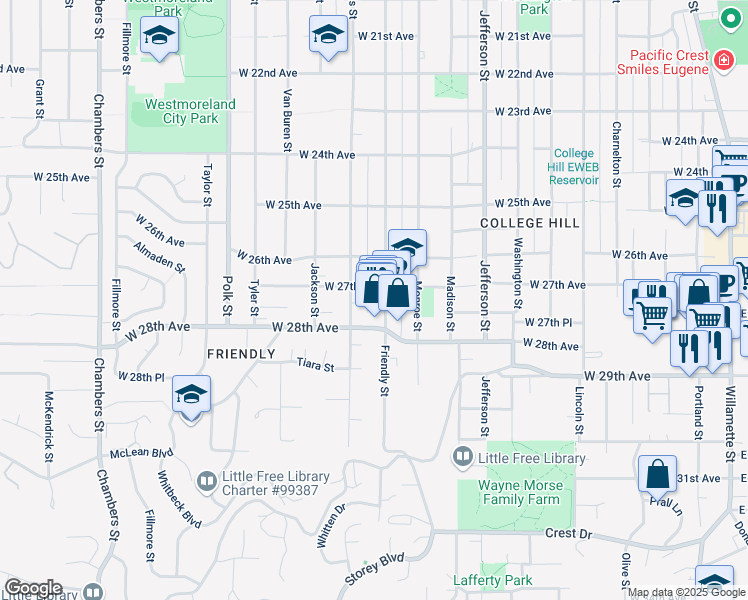 map of restaurants, bars, coffee shops, grocery stores, and more near 2728 Friendly Street in Eugene