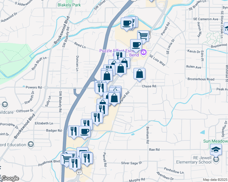 map of restaurants, bars, coffee shops, grocery stores, and more near 20215 Powers Road in Bend