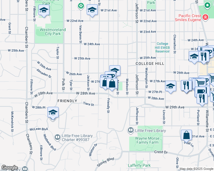 map of restaurants, bars, coffee shops, grocery stores, and more near 2722 Friendly Street in Eugene