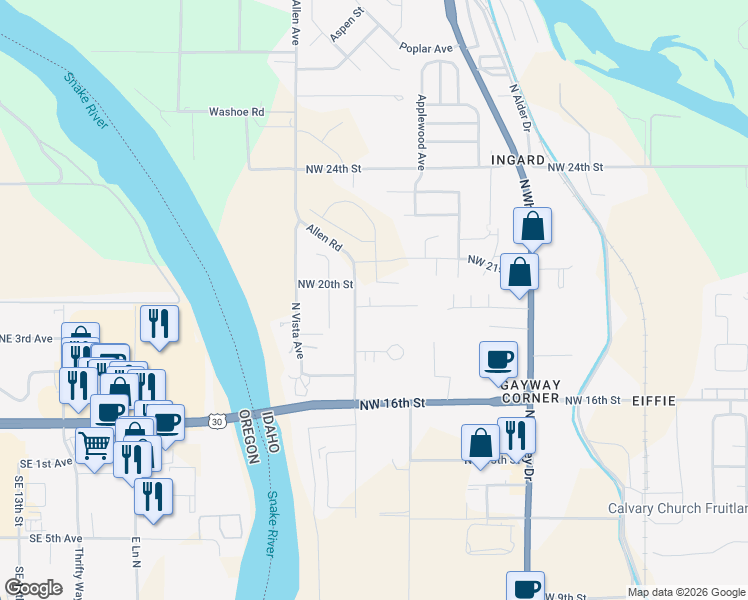 map of restaurants, bars, coffee shops, grocery stores, and more near 1311 Northwest 19th Street in Fruitland