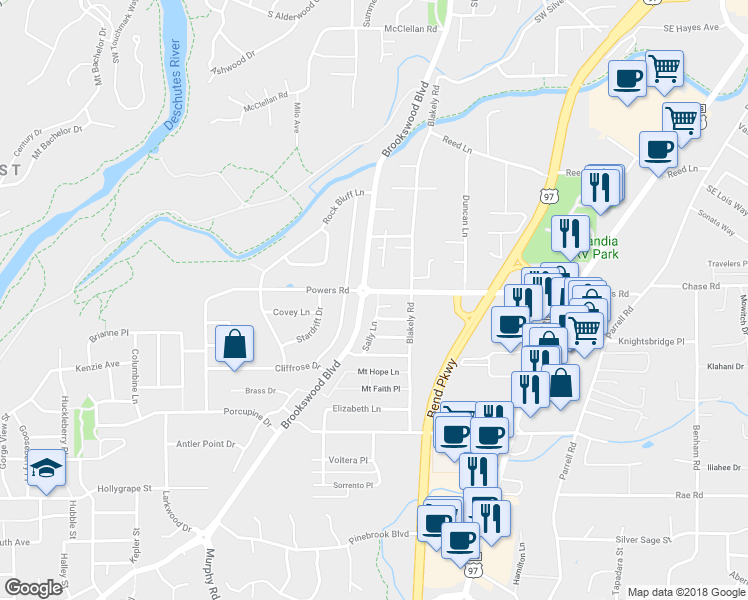 map of restaurants, bars, coffee shops, grocery stores, and more near in Bend