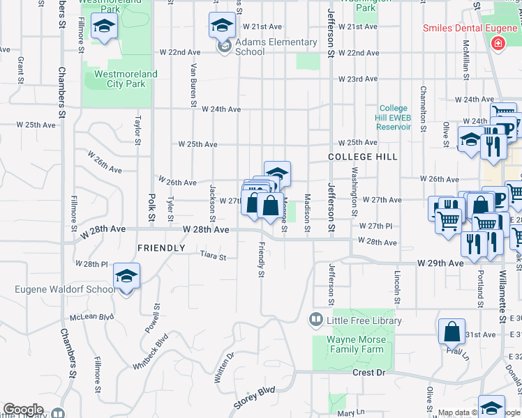 map of restaurants, bars, coffee shops, grocery stores, and more near 2767 Friendly Street in Eugene