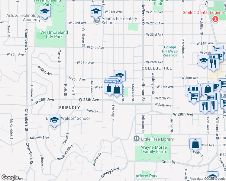 map of restaurants, bars, coffee shops, grocery stores, and more near 2728 Friendly Street in Eugene