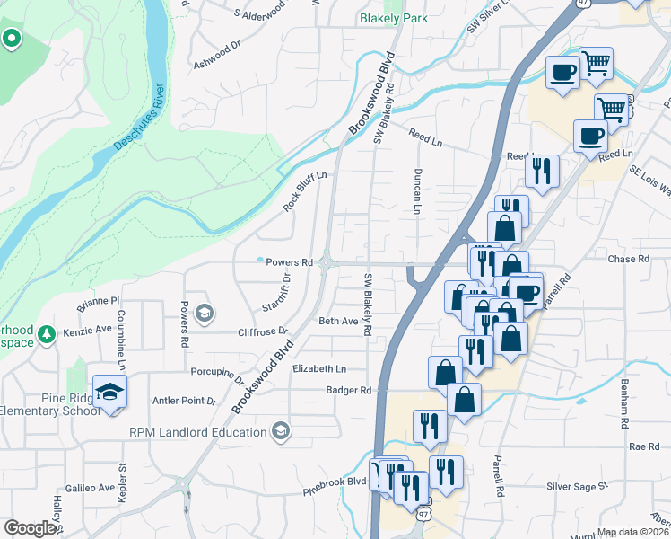 map of restaurants, bars, coffee shops, grocery stores, and more near 61385 Sally Lane in Bend