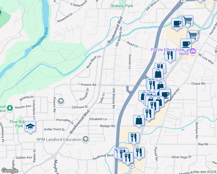 map of restaurants, bars, coffee shops, grocery stores, and more near 20082 Sally Court in Bend