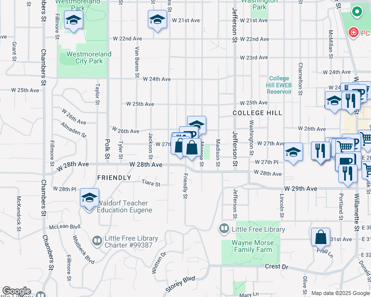 map of restaurants, bars, coffee shops, grocery stores, and more near 2722 Friendly Street in Eugene