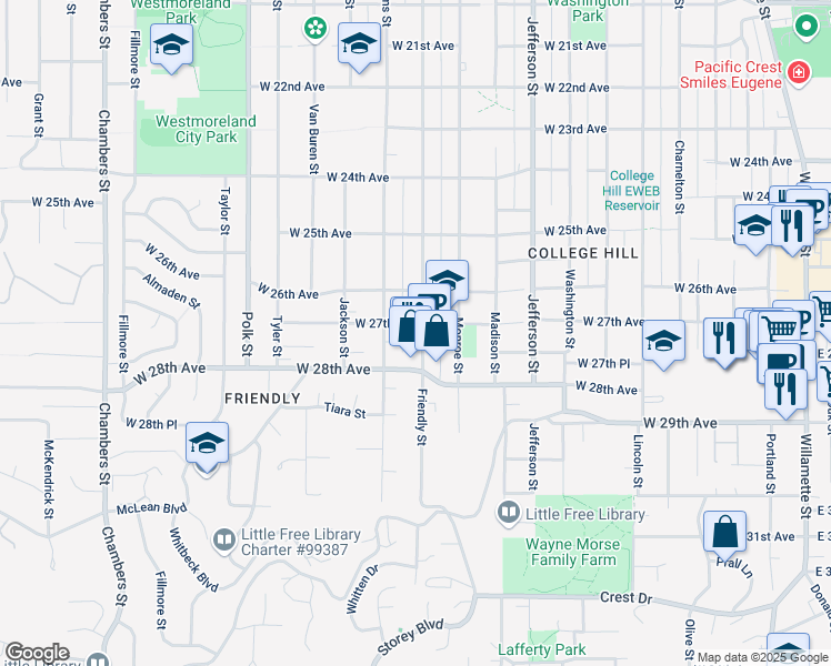map of restaurants, bars, coffee shops, grocery stores, and more near 2716 Friendly Street in Eugene