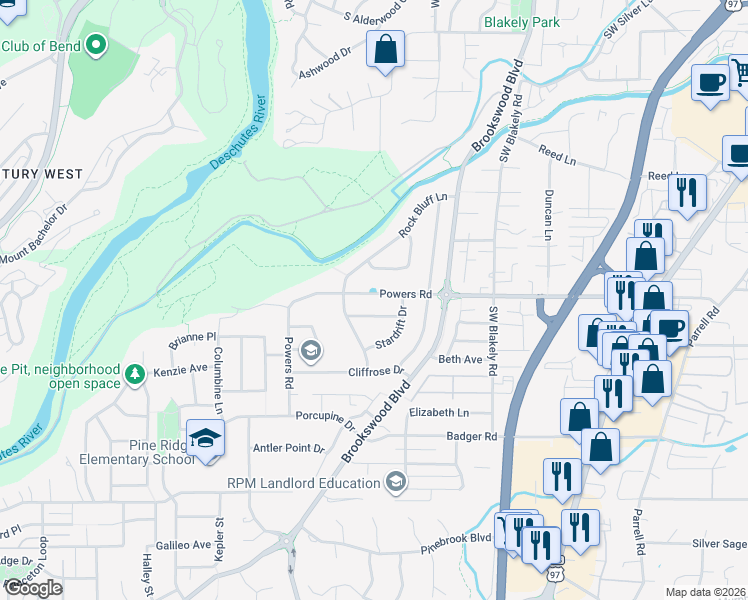 map of restaurants, bars, coffee shops, grocery stores, and more near 19975 Covey Lane in Bend
