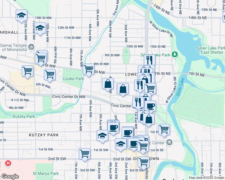 map of restaurants, bars, coffee shops, grocery stores, and more near 236 5th Street Northwest in Rochester