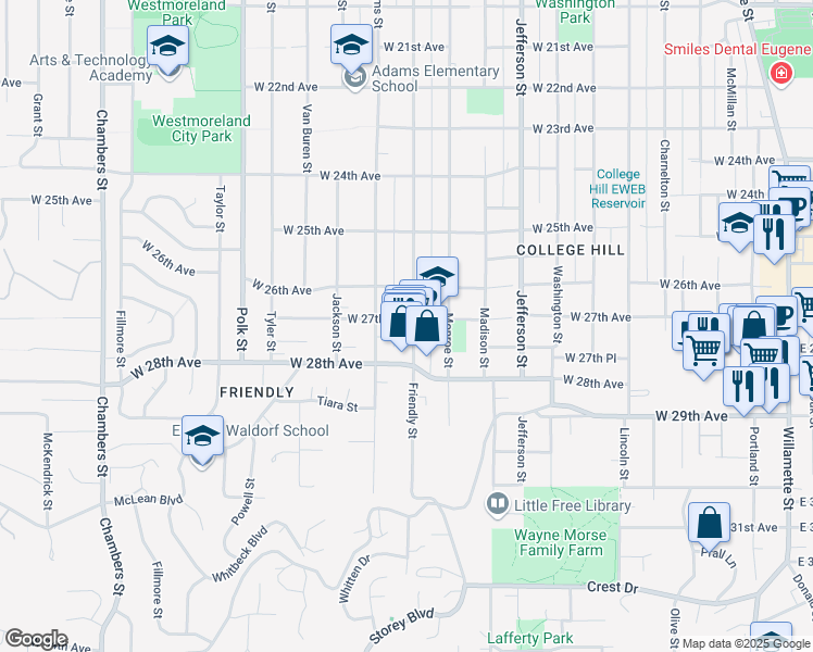 map of restaurants, bars, coffee shops, grocery stores, and more near 2714 Friendly Street in Eugene