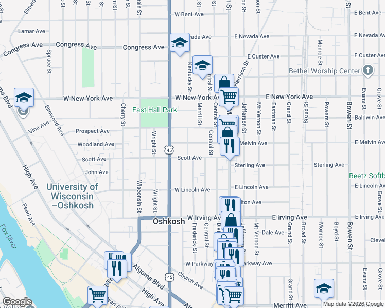map of restaurants, bars, coffee shops, grocery stores, and more near 214 West Melvin Avenue in Oshkosh