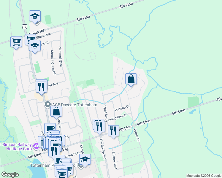 map of restaurants, bars, coffee shops, grocery stores, and more near 93 McGahey Street in New Tecumseth