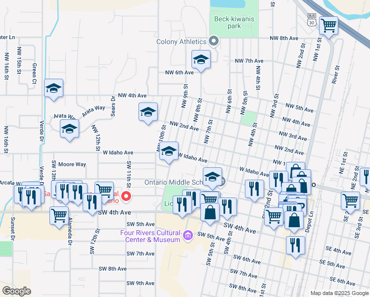 map of restaurants, bars, coffee shops, grocery stores, and more near 135 Northwest 8th Street in Ontario
