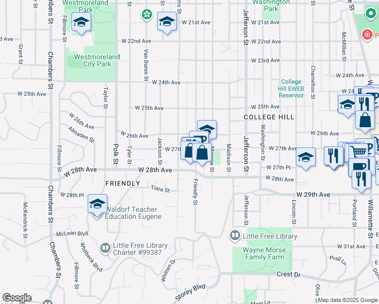 map of restaurants, bars, coffee shops, grocery stores, and more near 854 West 27th Avenue in Eugene