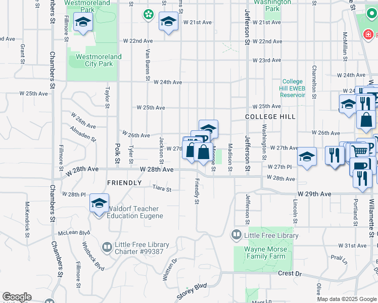 map of restaurants, bars, coffee shops, grocery stores, and more near 858 West 27th Avenue in Eugene