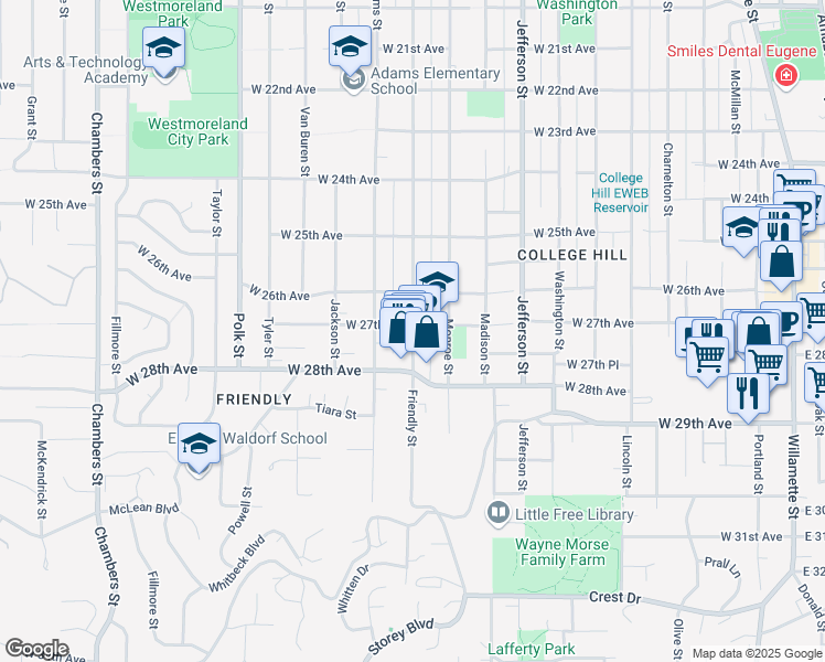 map of restaurants, bars, coffee shops, grocery stores, and more near 2714 Friendly Street in Eugene