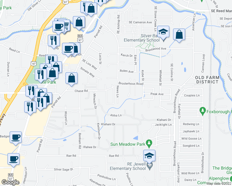 map of restaurants, bars, coffee shops, grocery stores, and more near 61390 News Lane in Bend